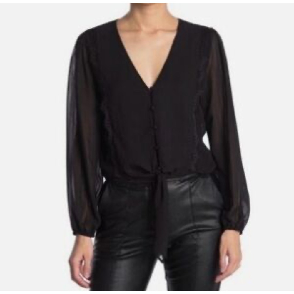 WAYF Black Long Sleeve Sheer‎ Lace Trim Button Up Tie Front Blouse Top Large